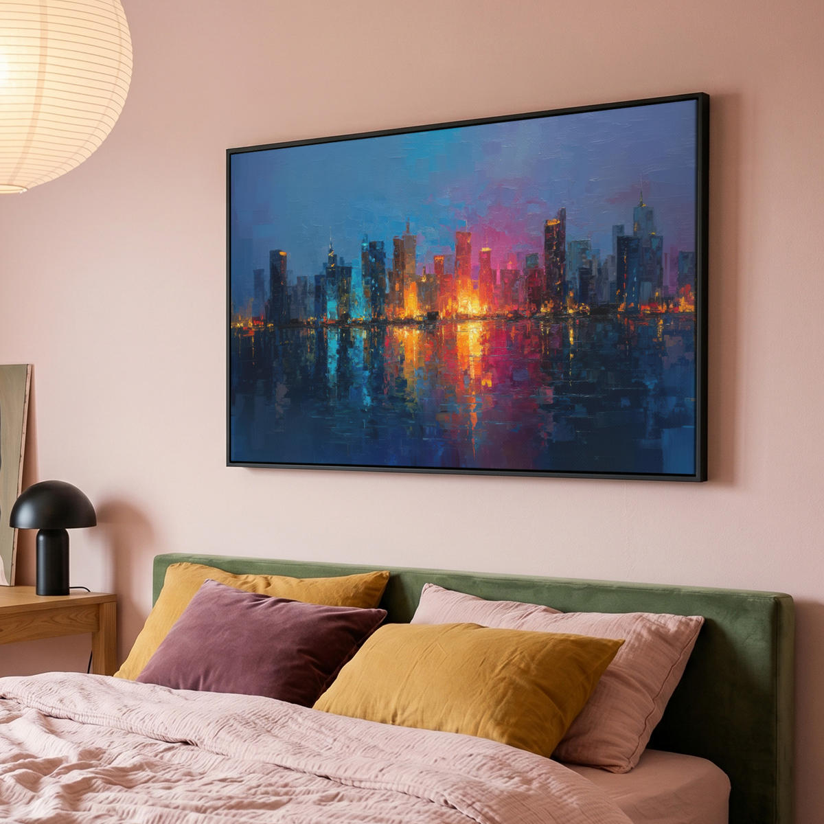 LEINWAND Bilder mit Rahmen - Skyline - Pinselstriche - Dunkelblau - Leuchtend - 120x80 - Blau, Textil (120/80cm) - MuchoWow