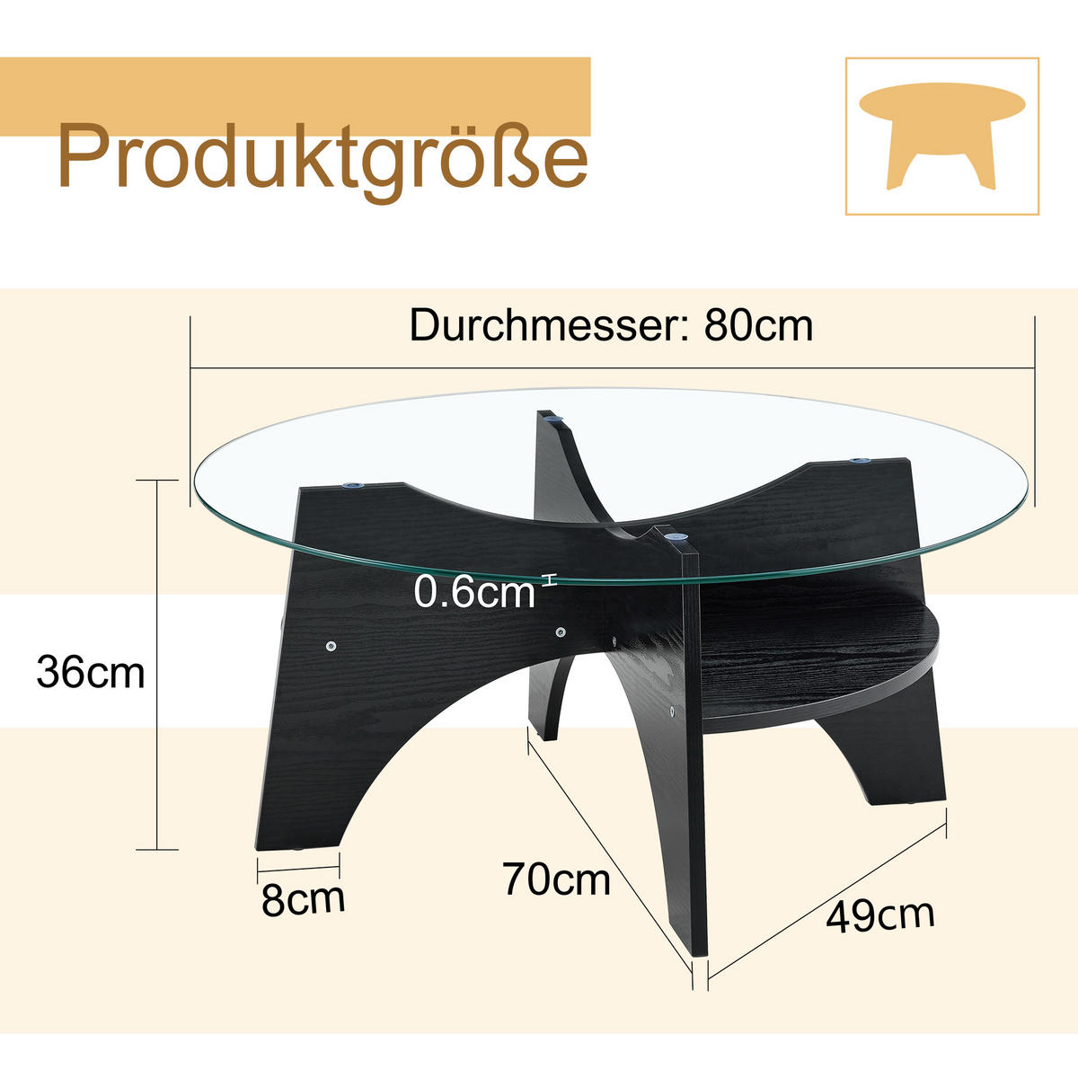 COUCHTISCH 80/80/36 cm Transparent Schwarz aus Sicherheitsglas mit fächerförmigem MDF-Gestell - Schwarz, Holzwerkstoff (80/80/36cm) - OKWISH