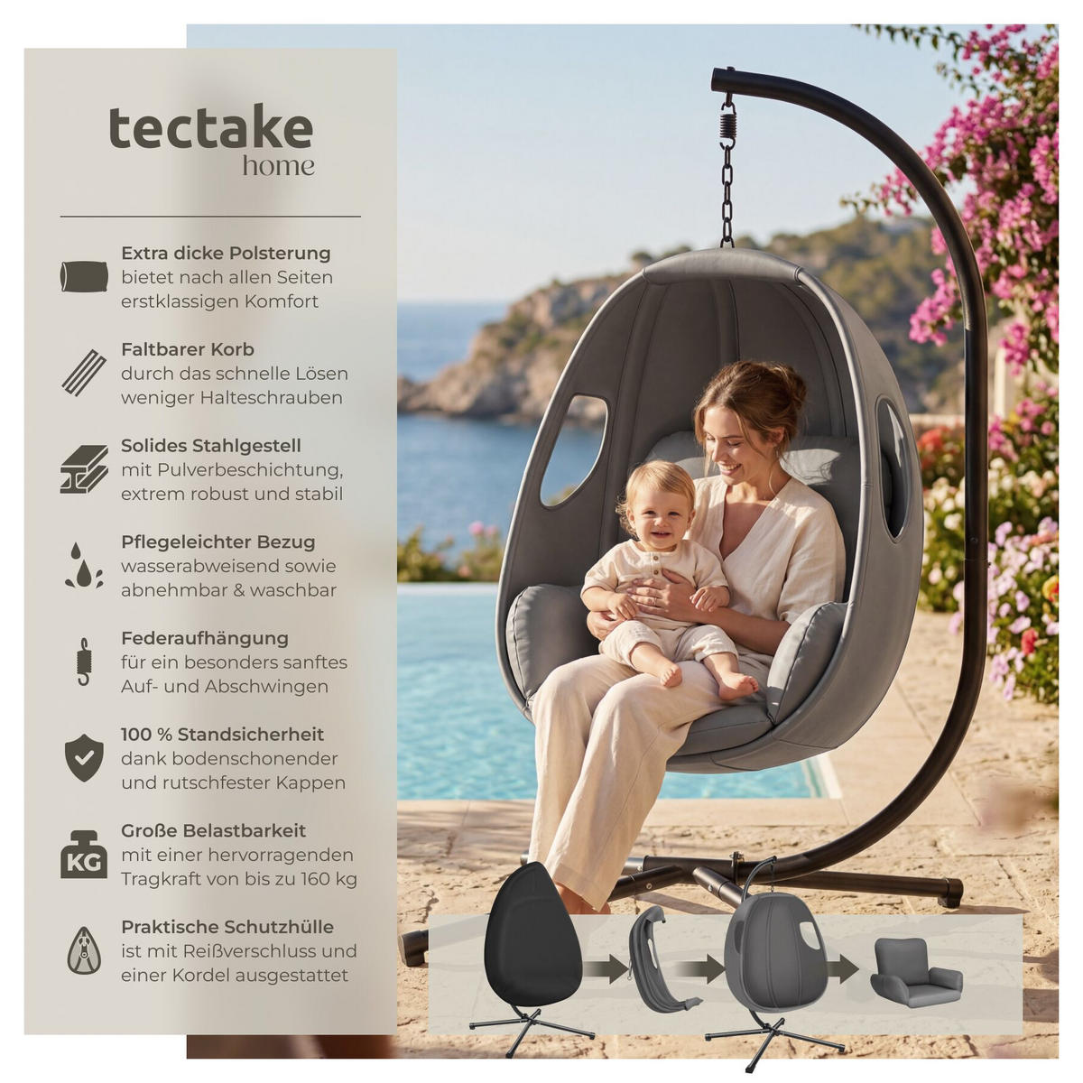 HÄNGESESSEL Anika mit Gestell und Kissen,360° drehbar,160 kg,anthrazit,100x97x201 cm - Anthrazit, Kunststoff/Textil (100/201/97cm) - tectake