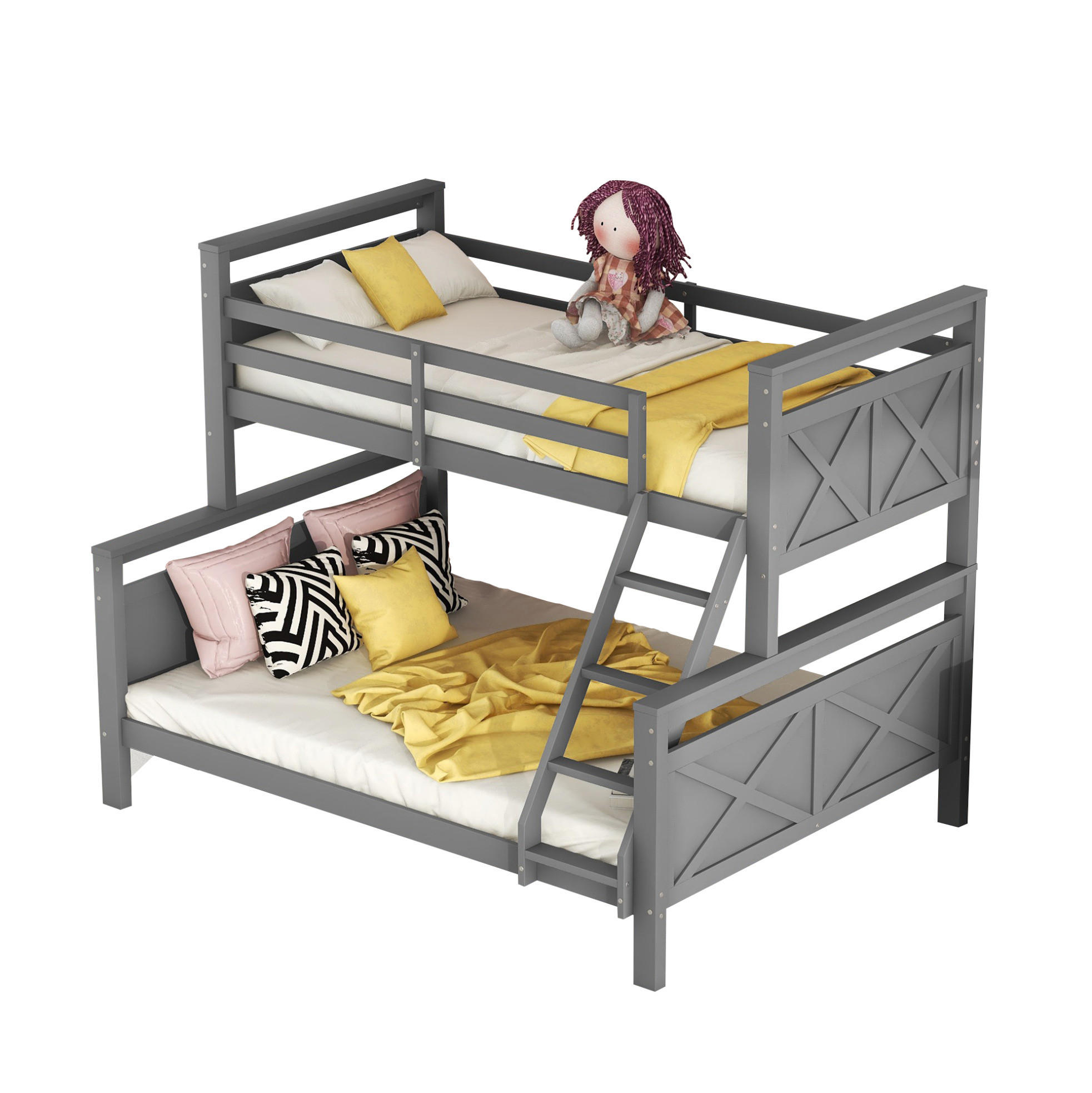 ETAGENBETT 90/140/200 cm aus Kiefernholz und MDF mit Leiter und Sicherheitsgeländer Grau - Grau, Holz (140/200cm) - Modenvie