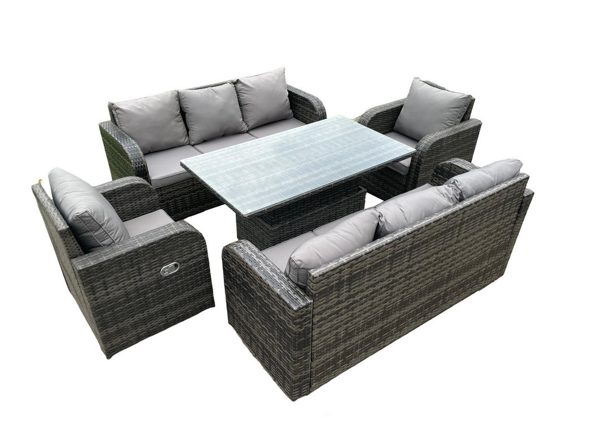 SITZGRUPPE GARTENSET Polyrattan Outdoor 8-Sitzer - Dunkelgrau/Grau, Glas/Kunststoff - Fimous