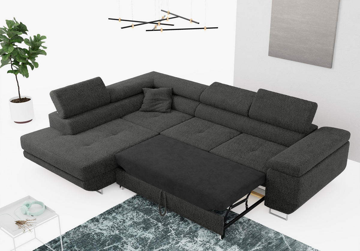 ROHOVÁ SEDAČKA GUSTAW L - Tmavě šedá Bouclé - Pravá Strana - stříbrná/tmavě šedá, kov/textil (205/275cm) - MKS