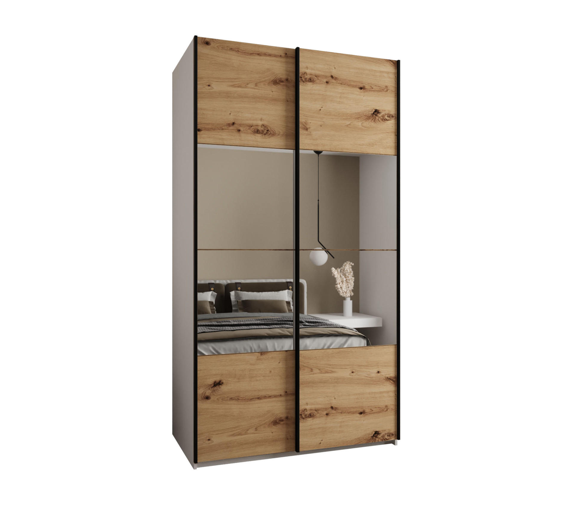 Abiks Möbel Schwebetürenschrank Weiß, Eiche Artisan, Schwarz 140x245x64 cm