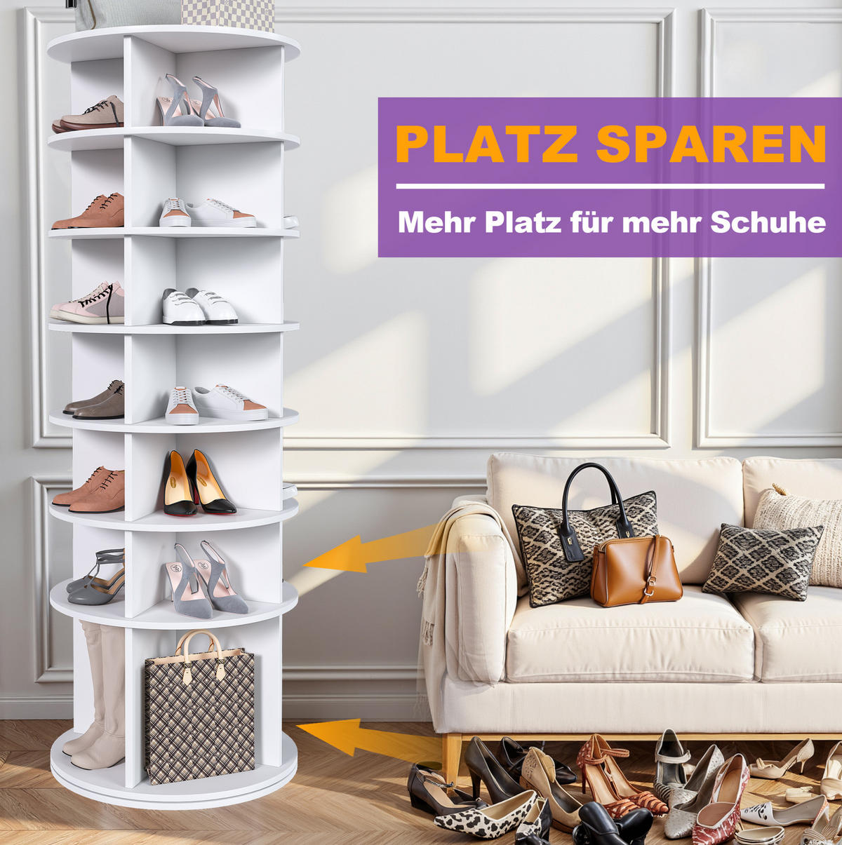 SCHUHREGAL 60/60/184 cm in Weiß, drehbar mit 7 Ebenen - Weiß, Holzwerkstoff (60/184/60cm) - Flora Grace