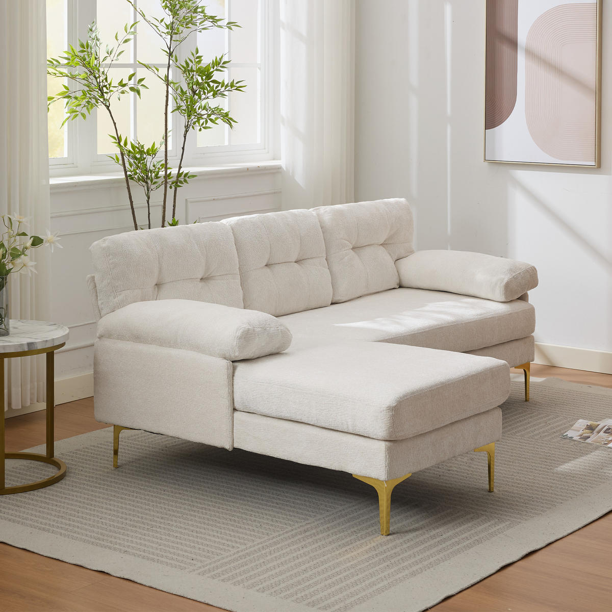ECKSOFA 187.5/130/79 cm Beige mit 3 Sitzkissen und Stuhlbeine aus Metall - Beige, Textil (130/79/187.5cm) - Oxeza