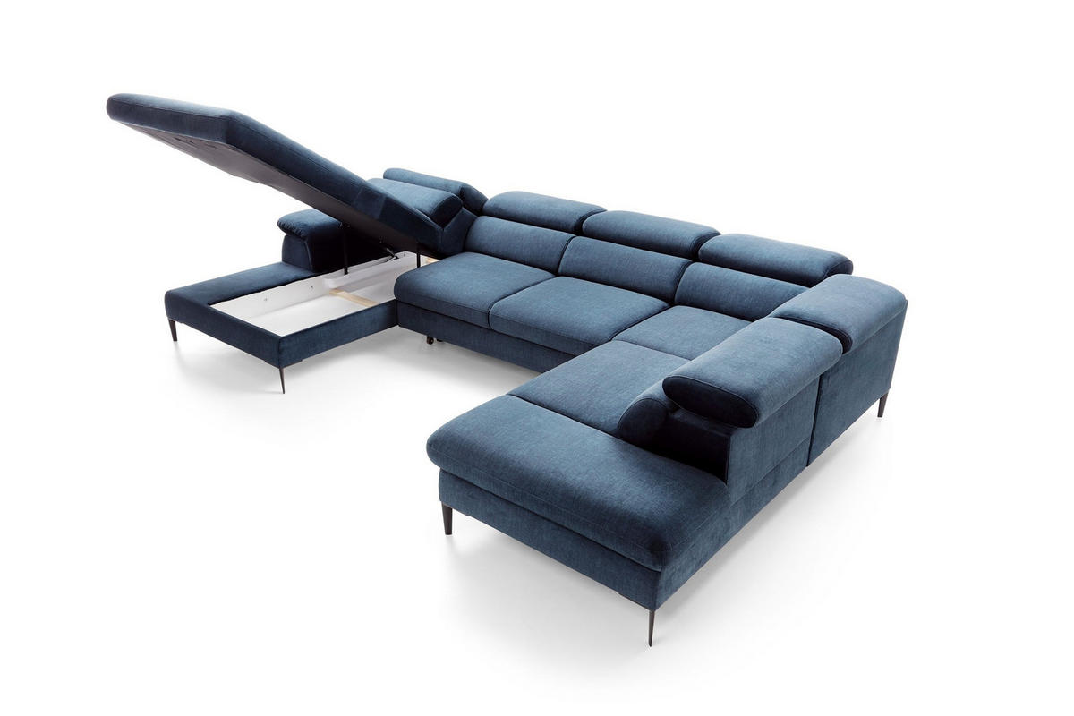 WOHNLANDSCHAFT MESTO Blau Velours-Stoff mit Schlaffunktion - Blau, Holz (353/94/182cm) - MASSENO