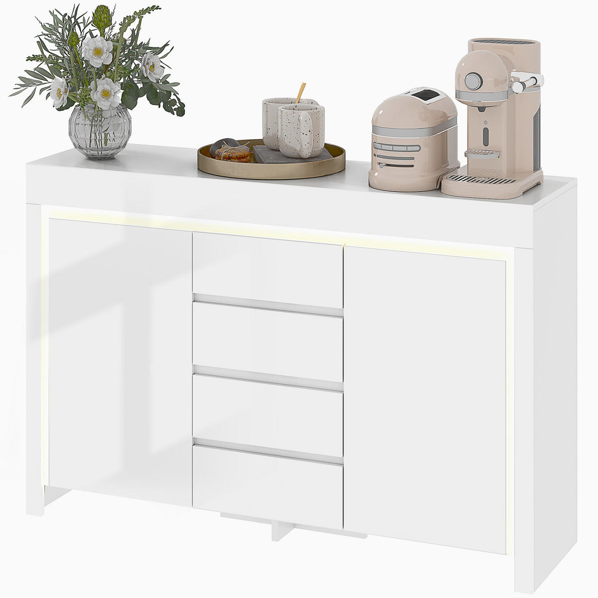 SIDEBOARD Weiß Hochglanz, LED-Beleuchtung, 4 Schubladen, 120/34/80 cm - Weiß Hochglanz, Holz (120/80/34cm) - PANGIVO