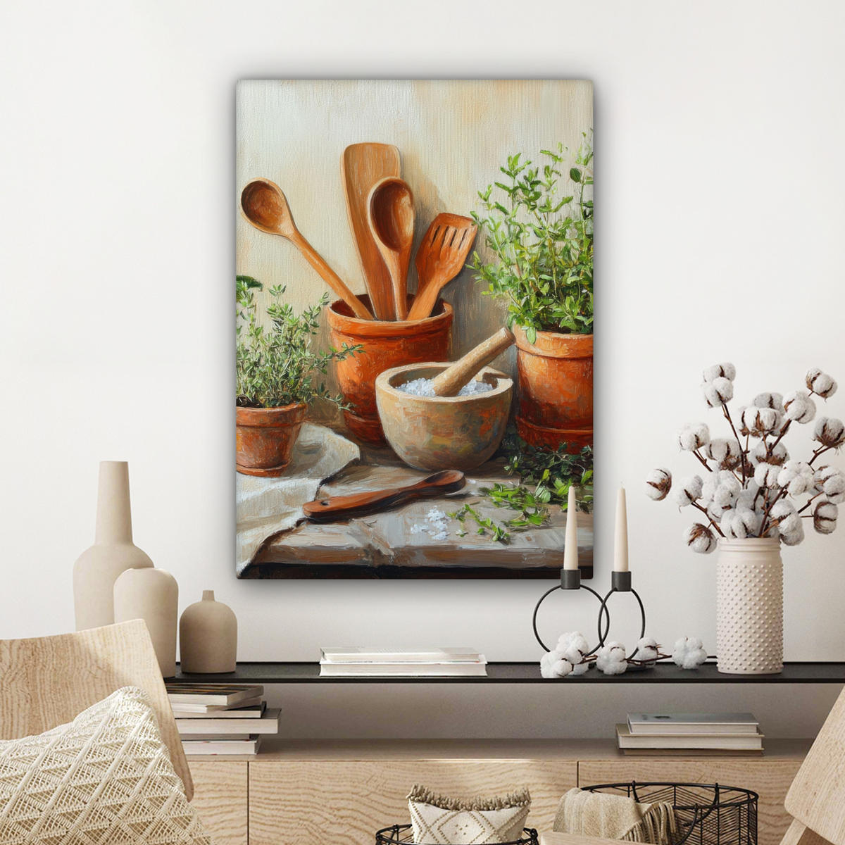 LEINWANDBILD Töpfe - Kräuter - Holz Wandbild Wohnzimmer 60x80 cm - Terracotta, Textil (60/80cm) - MuchoWow