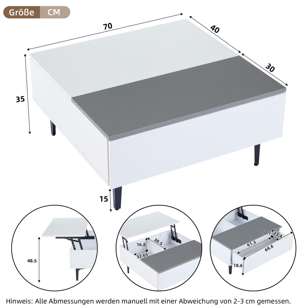 COUCHTISCH aus MDF 70x70x35 cm Weiß/Grau mit höhenverstellbarer Platte, Schublade und LED-Beleuchtung - Weiß, Holzwerkstoff (70/70/35cm) - Modfu