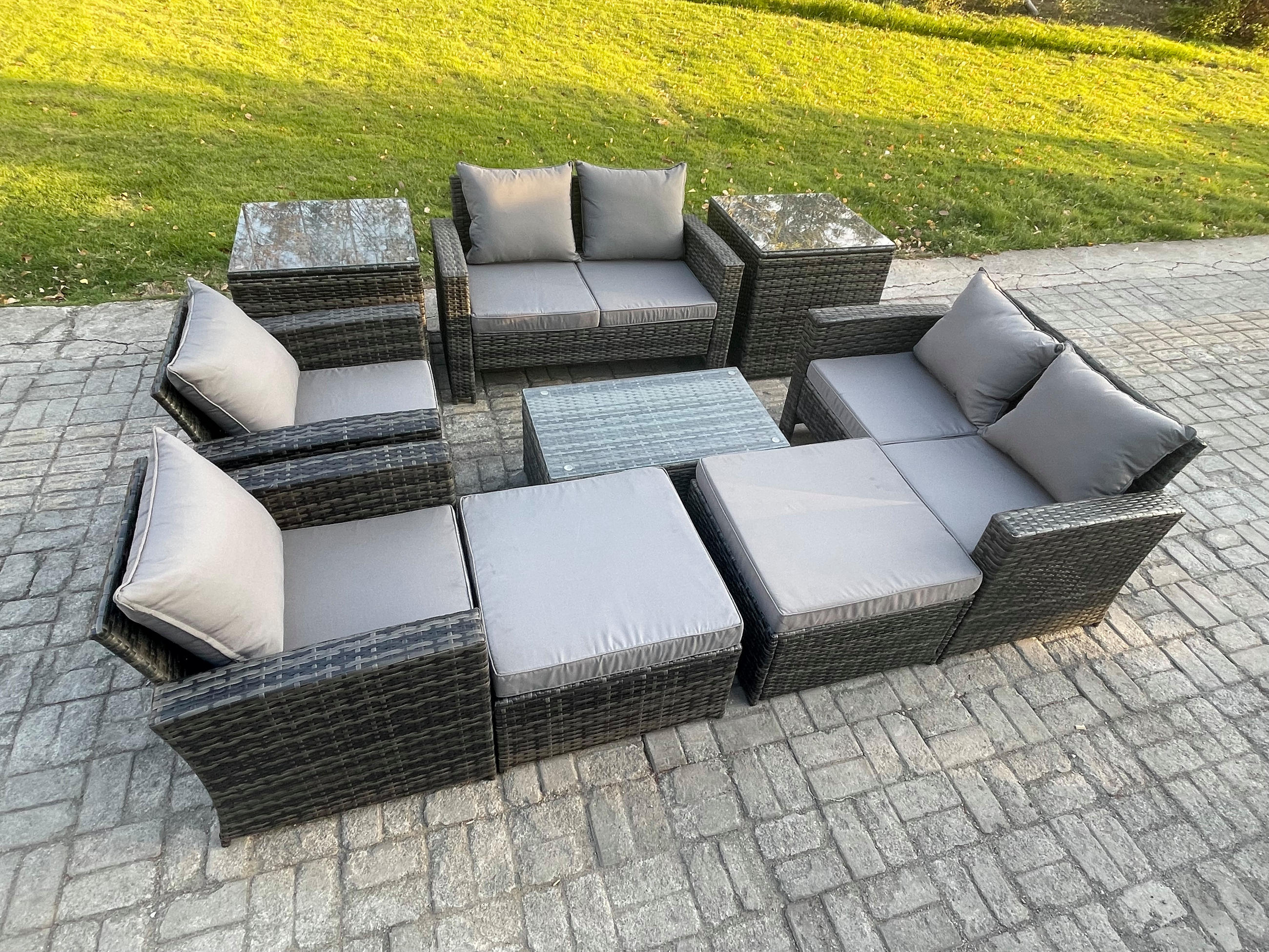 GARTENSOFA STUHL SET MIT COUCHTISCH 2 HOCKER 2 BEISTELLTISCHE Polyrattan Dunkelgrau Gemischt 8-Sitzer - Dunkelgrau, Metall - Fimous