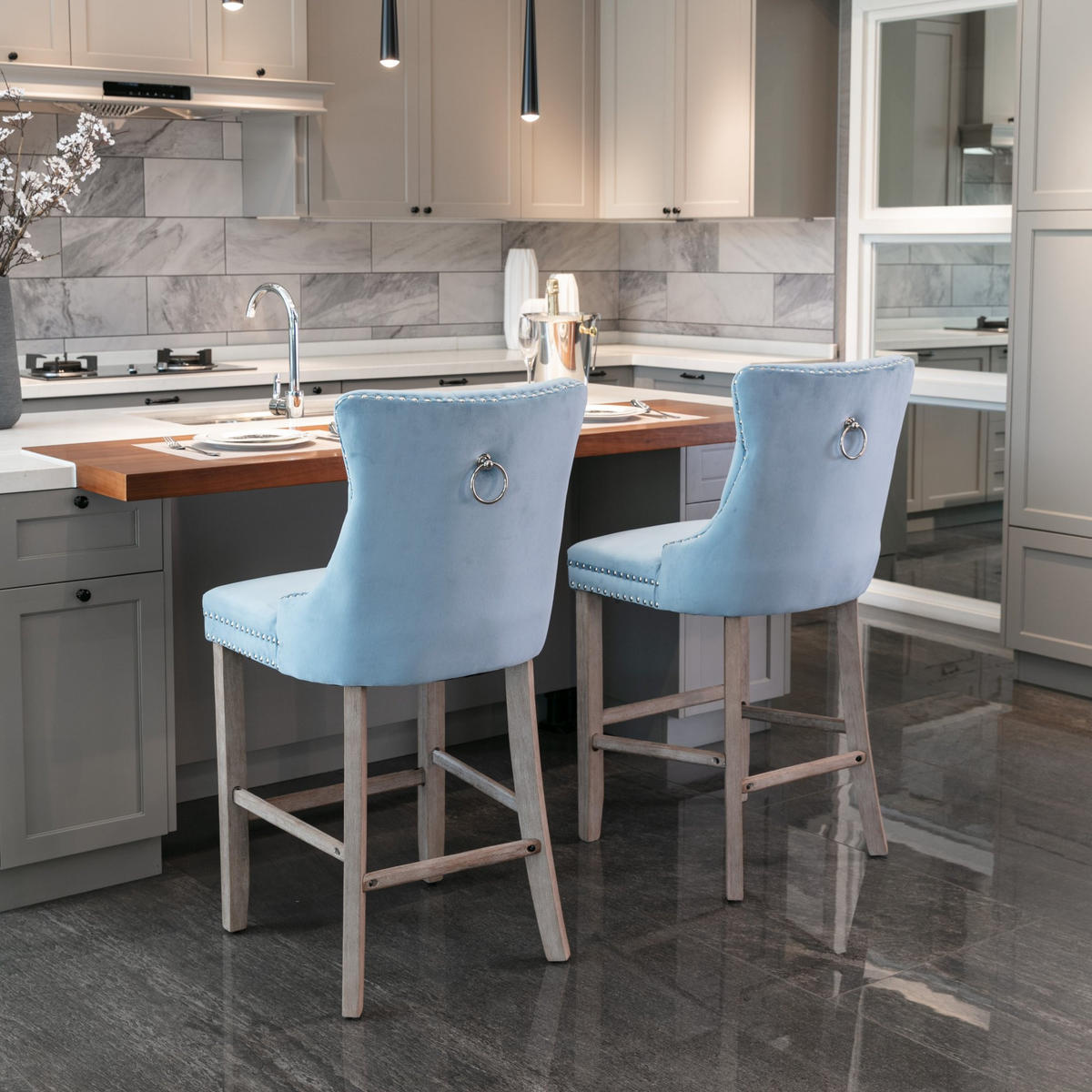 BARHOCKER Hellblau 2er-Set mit Samtbezug und Holzbeinen - Hellblau, Textil (60/103/50cm) - PANGIVO