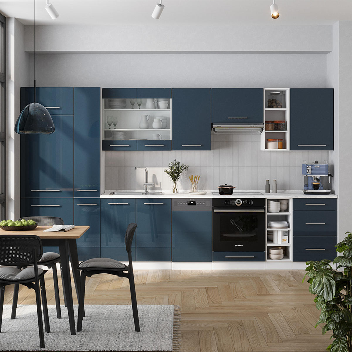KÜCHENZEILE Fame-Line Dunkelblau Hochglanz/Weiß 355 cm, AP Anthrazit - Dunkelblau/Weiß, Holzwerkstoff (355/81.6/60cm) - Vicco