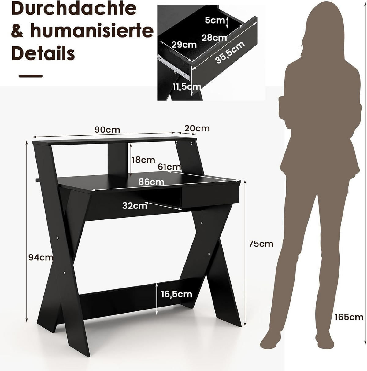ARBETSBORD 94 cm Svart - Svart, Trä (61/90/94cm) - COSTWAY