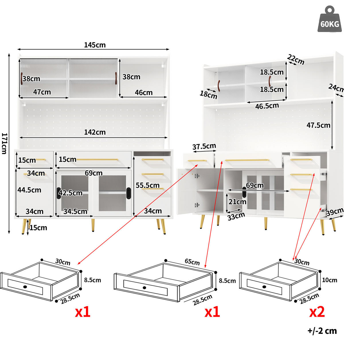 KREDENCA iz MDF in stekla, 145/39/171 cm bela z LED-osvetlitvijo - bela, leseni material (145/171/39cm) - Modenvie