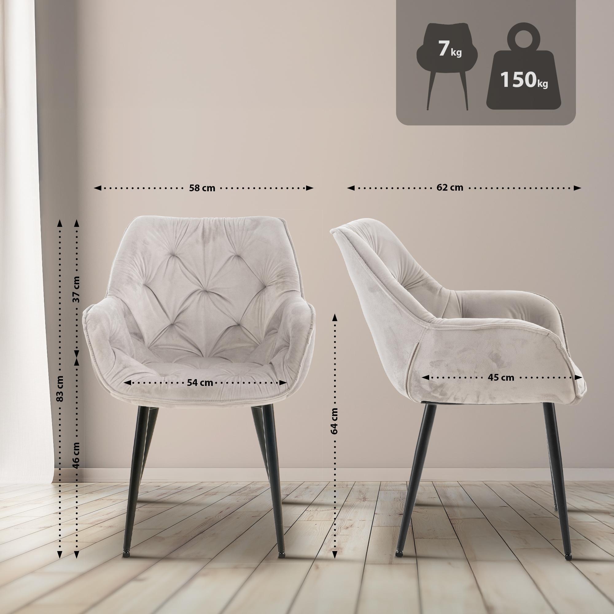 ARMLEHNENSTUHL Samt Grau - Schwarz/Grau, Textil/Metall (58/83/62cm) - CLP