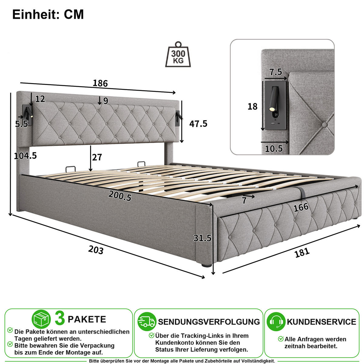 ČALOUNĚNÁ POSTEL 180/200 cm v šedé barvě s úložným prostorem, osvětlením a USB - šedá, kov/kompozitní dřevo (180/200cm) - CHICFURN