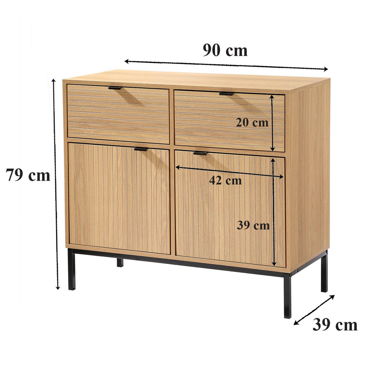 KOMMODE mit 2 Türen, 2 Schubladen, Rillenfronten - L90 x H79 cm - Eichefarben, Holzwerkstoff (39/79/90cm) - Calicosy
