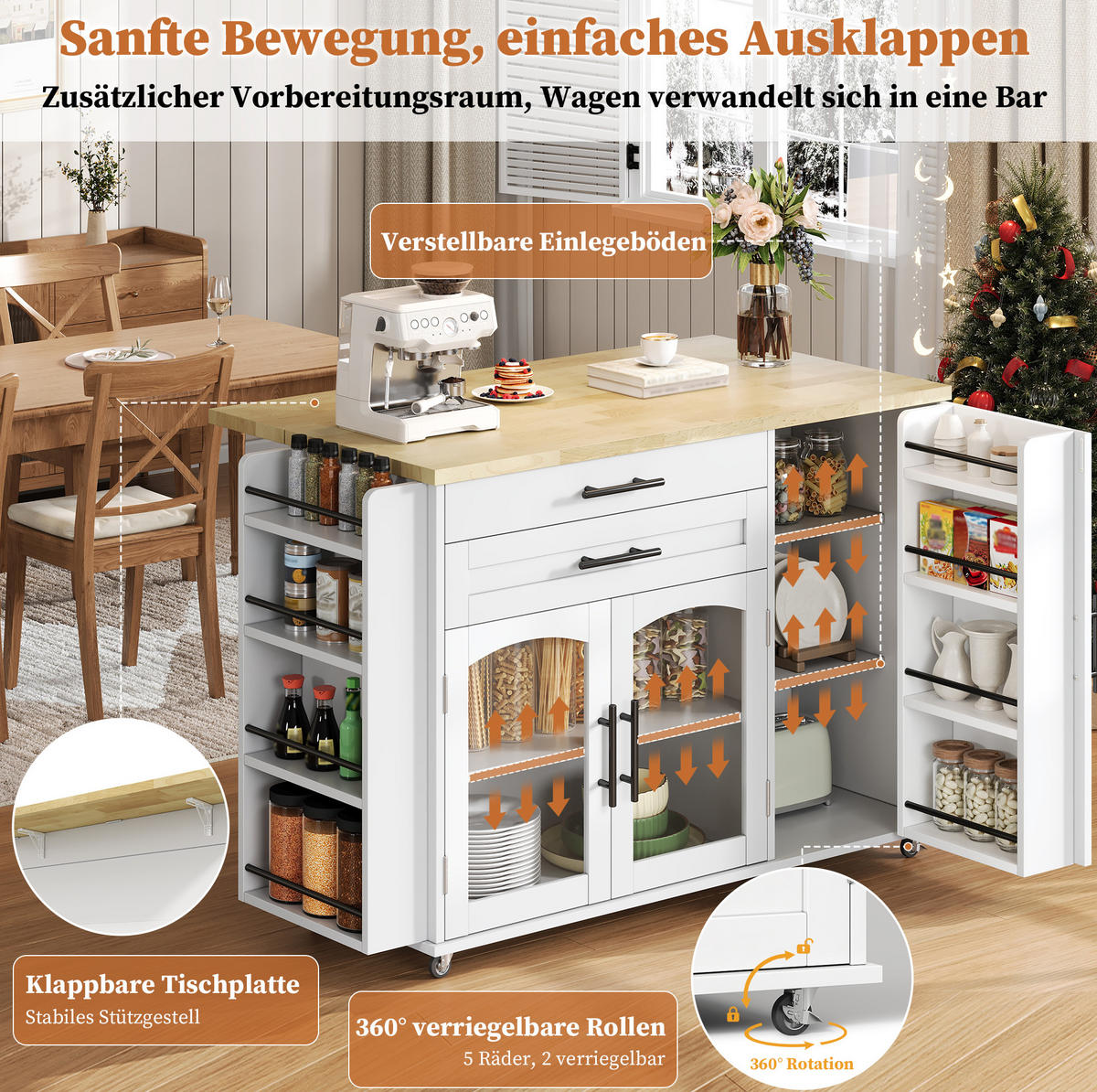 KÜCHENINSEL 120/70/90 cm Natur/Weiß aus MDF mit Klappplatte - Naturfarben, Holzwerkstoff (138/90/70cm) - OKWISH