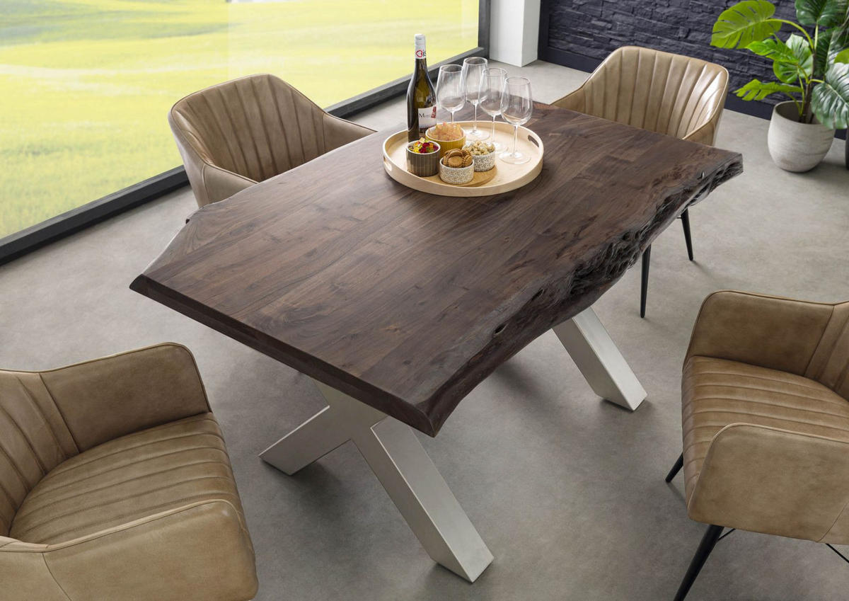 BAUMTISCH Akazie 140x90x77 grau lackiert / X-Beine silber matt FREEFORM 5 - Silberfarben/Braun, Holz (140/90/77cm) - Massivmoebel24