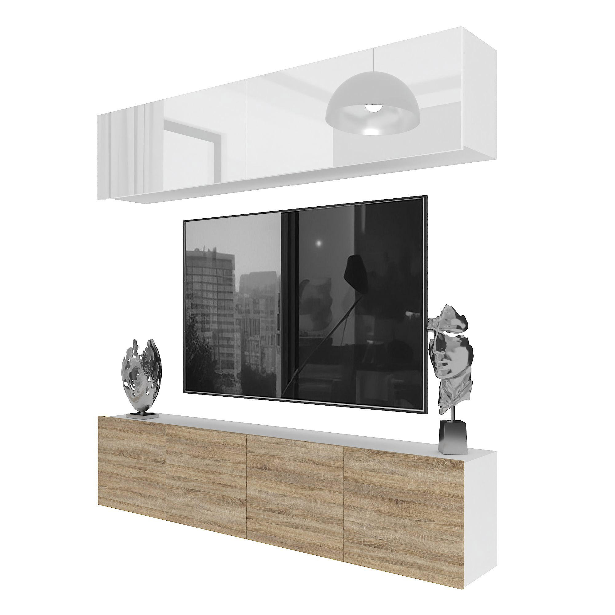 WOHNWAND Milano 6, Weiß/Sonoma Eiche, 200 cm, Grifflos - Weiß, Holz (200/40/36cm) - B BELINI GROUP