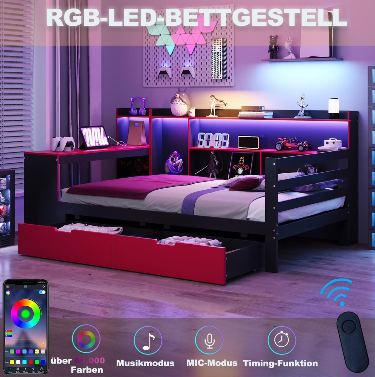 KREVET 90/200 cm s radnim stolom, policama, ladicama i LED osvjetljenjem, drveni okvir, Crna + Crvena - crna, drvni materijal (90/200cm) - Redom