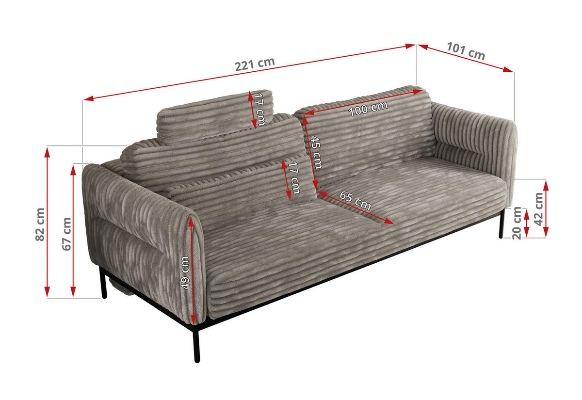 SOFA SALENTO Hellbraun Cord - Hellbraun/Schwarz, Textil/Metall (221/82/101cm) - MKS