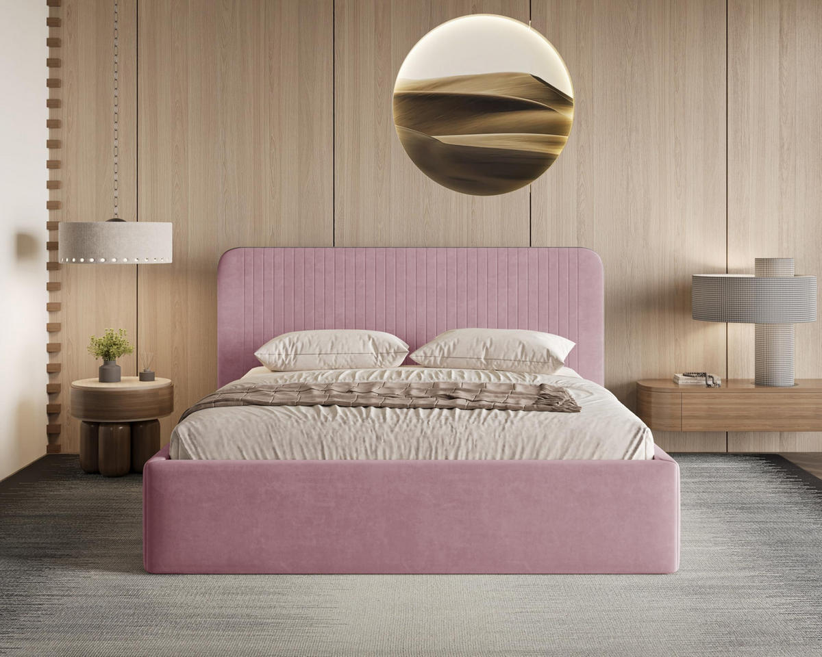 POLSTERBETT 180x200 cm mit Bettkasten, Lattenrost und Kopfteil, Eleganter Matt Velvet-Stoffbezug, Rosa - Rosa, Holz (180/200cm) - Chilly