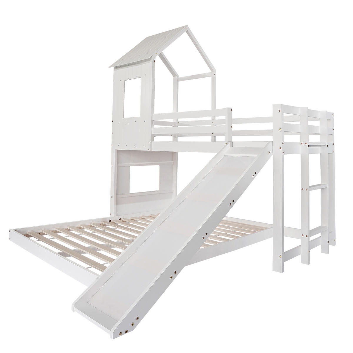 HAUSBETT 90/200 & 140/200 cm Weiß mit Rutsche und Fallschutz - Weiß, Holzwerkstoff (90/200cm) - Flora Grace