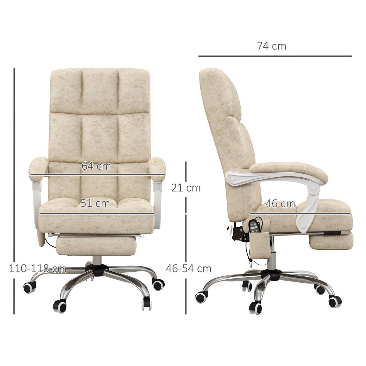 BÜROSTUHL mit Vibrationsmassage Ergonomischer Schreibtischstuhl mit Wärmfunktion - Beige, Kunststoff (74/118/64cm) - Vinsetto