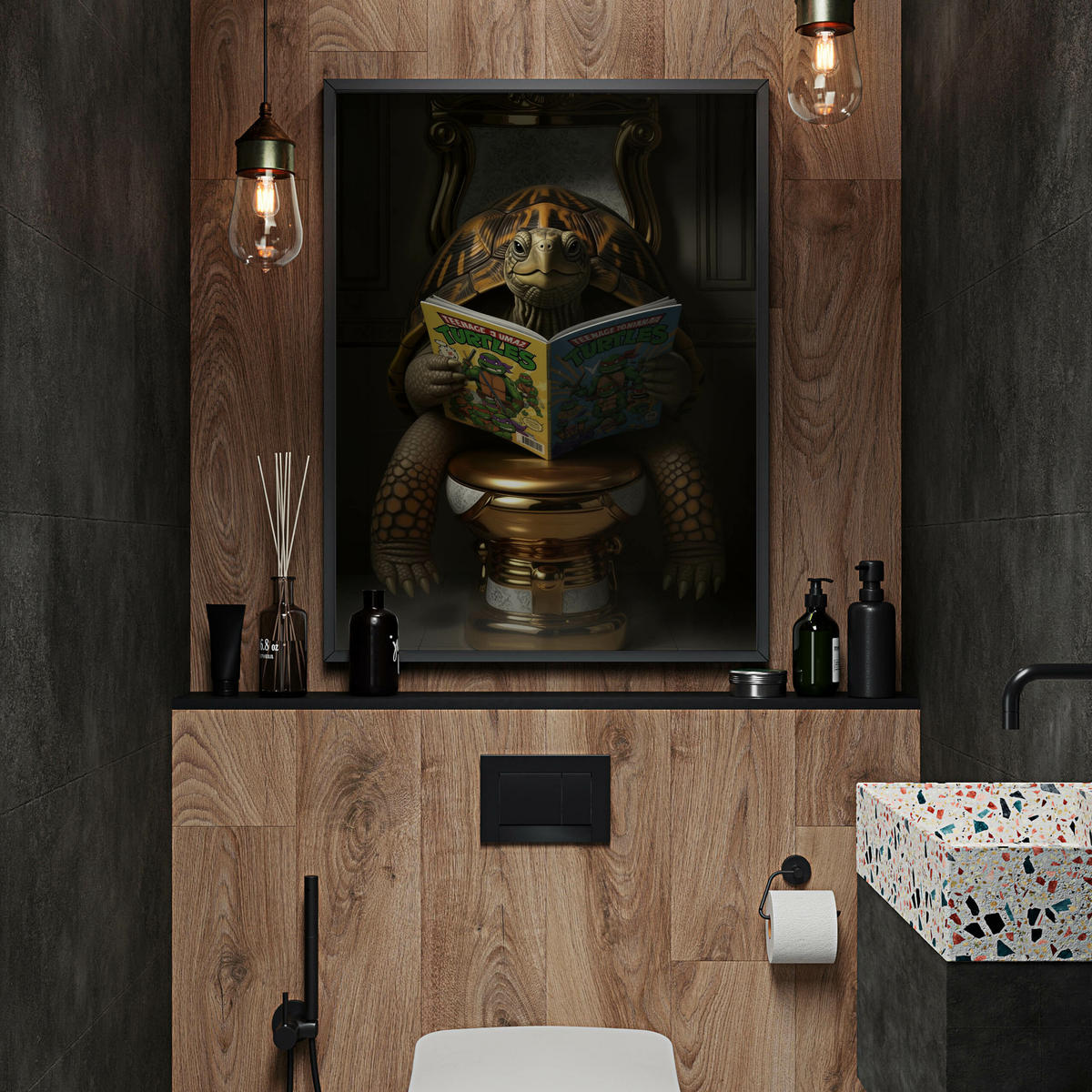 POSTER für Badezimmer WC SCHILDKRÖTE mit Comicbuch auf Toilette Abstraktion 50x70cm - Gelb/Orange, Papier (50/70/70cm) - Muralo