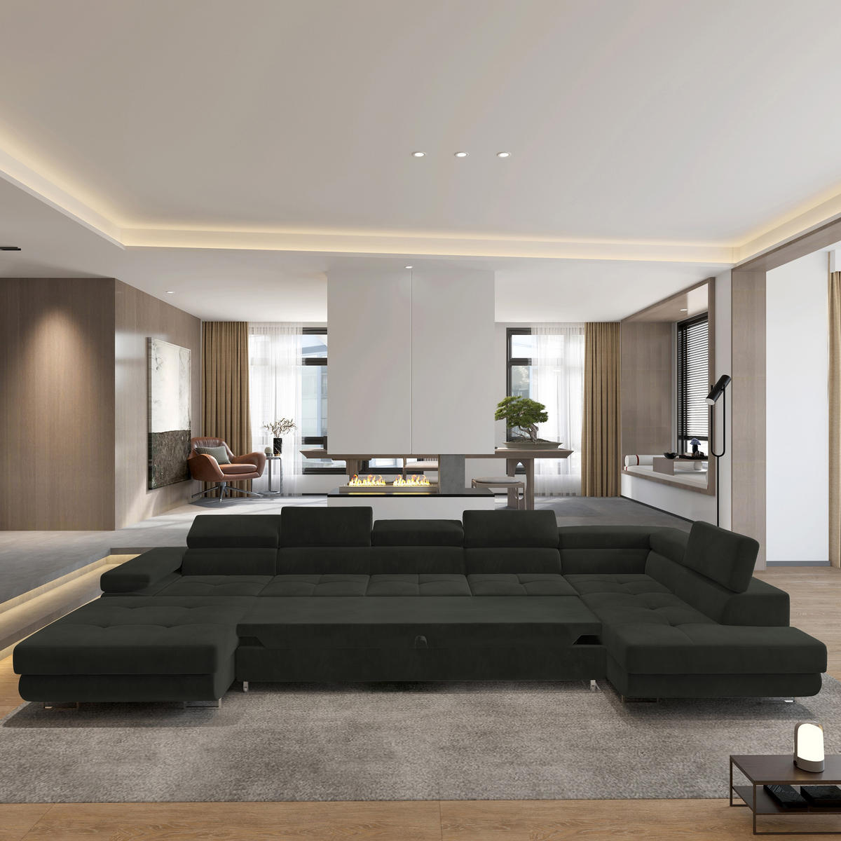 WOHNLANDSCHAFT TORIVA R-S Schwarz Velours-Stoff mit Schlaffunktion - Schwarz, Holz (418/90/202cm) - MASSENO