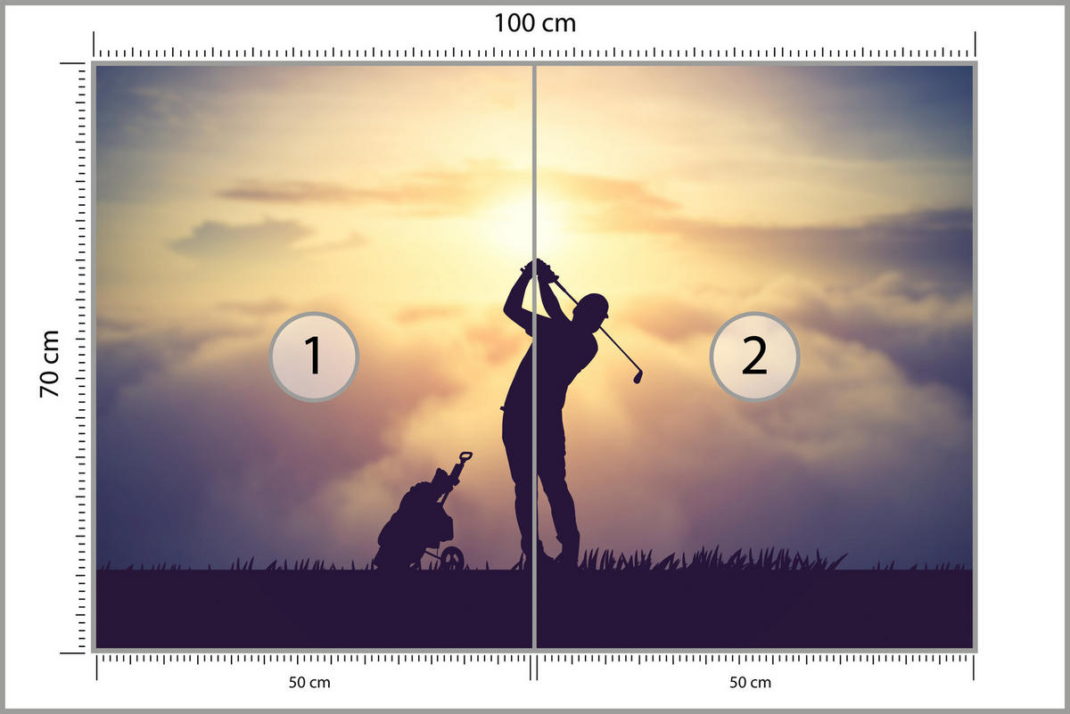 FOTOTAPETA Pre Študentskú Izbu Golfer Západ Slnka Silueta Šport 100 x 70 cm - čierna/žltá, papier (100/70cm) - Muralo