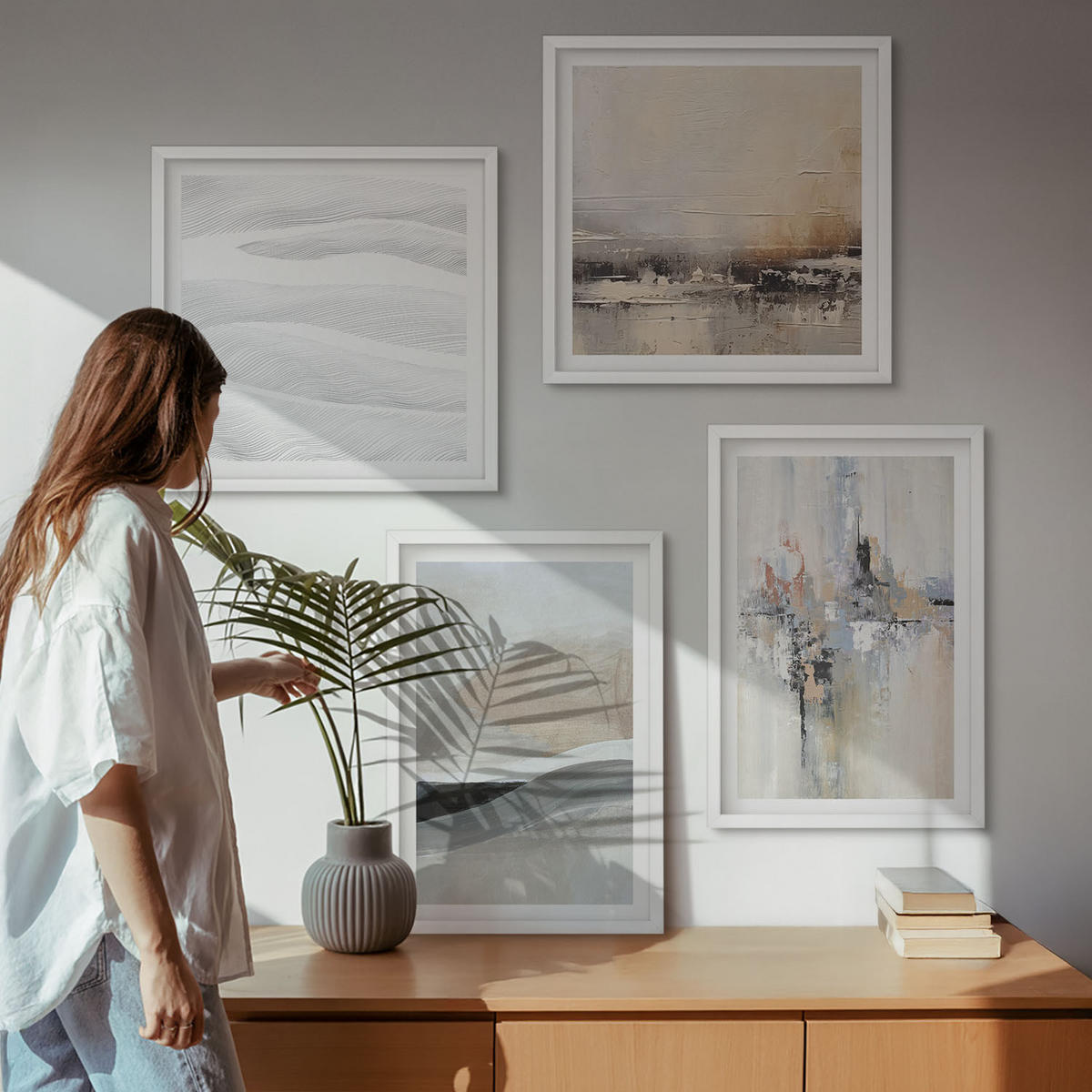 WANDBILDER 4er-Set - 50x50 cm & 40x60 cm Weißer Rahmen - Abstrakte Erdmuster - Weiß, Kunststoff (50/50cm) - ArtPrintCave