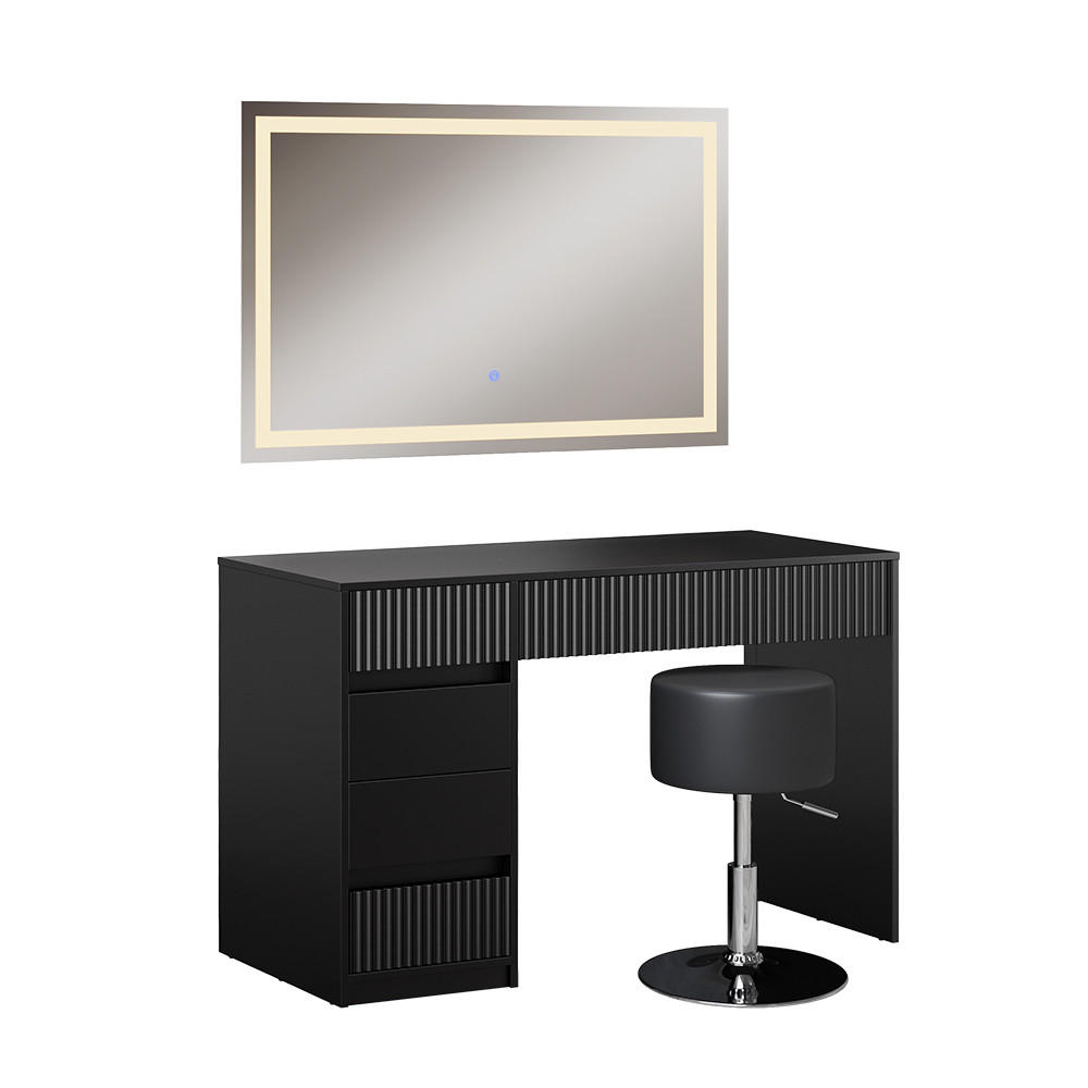 SCHMINKTISCH Omira Schwarz 120 cm mit LED-Spiegel und Hocker - Schwarz, Holzwerkstoff (120/76/55cm) - Vicco