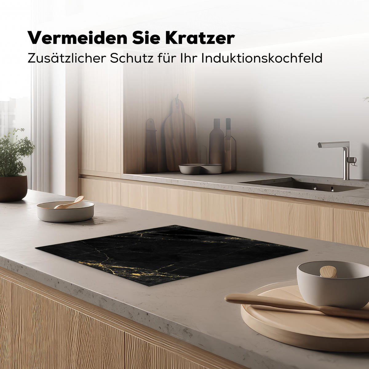 HERDABDECKPLATTE Marmor - Schwarz - Gold - Chic - Marmoroptik - Design Ceranfeldabdeckung 59x52 cm - Schwarz, Kunststoff (59/52/0.2cm) - MuchoWow