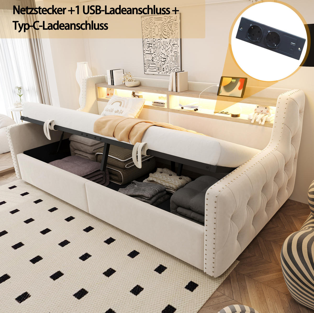 POLSTERBETT 90/200 cm aus Samt mit LED, Stauraum und Lattenrost Beige - Beige, Textil (90/200cm) - Modenvie
