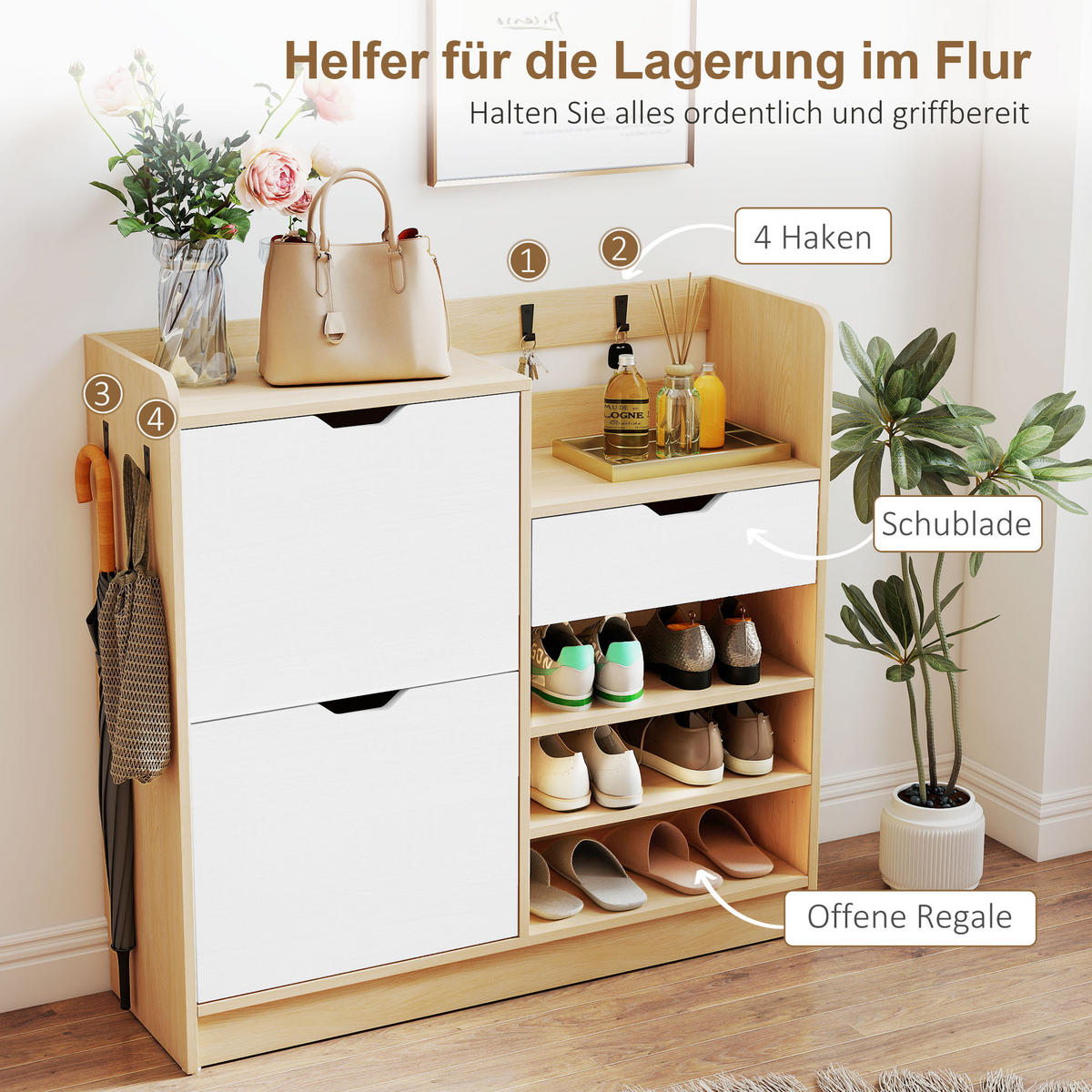 SCHUHSCHRANK Schmal mit 2 Klappen, 1 Schubladen für 14 Paar Schuhe Natur - Weiß/Naturfarben, Holzwerkstoff (30/90/93cm) - HOMCOM