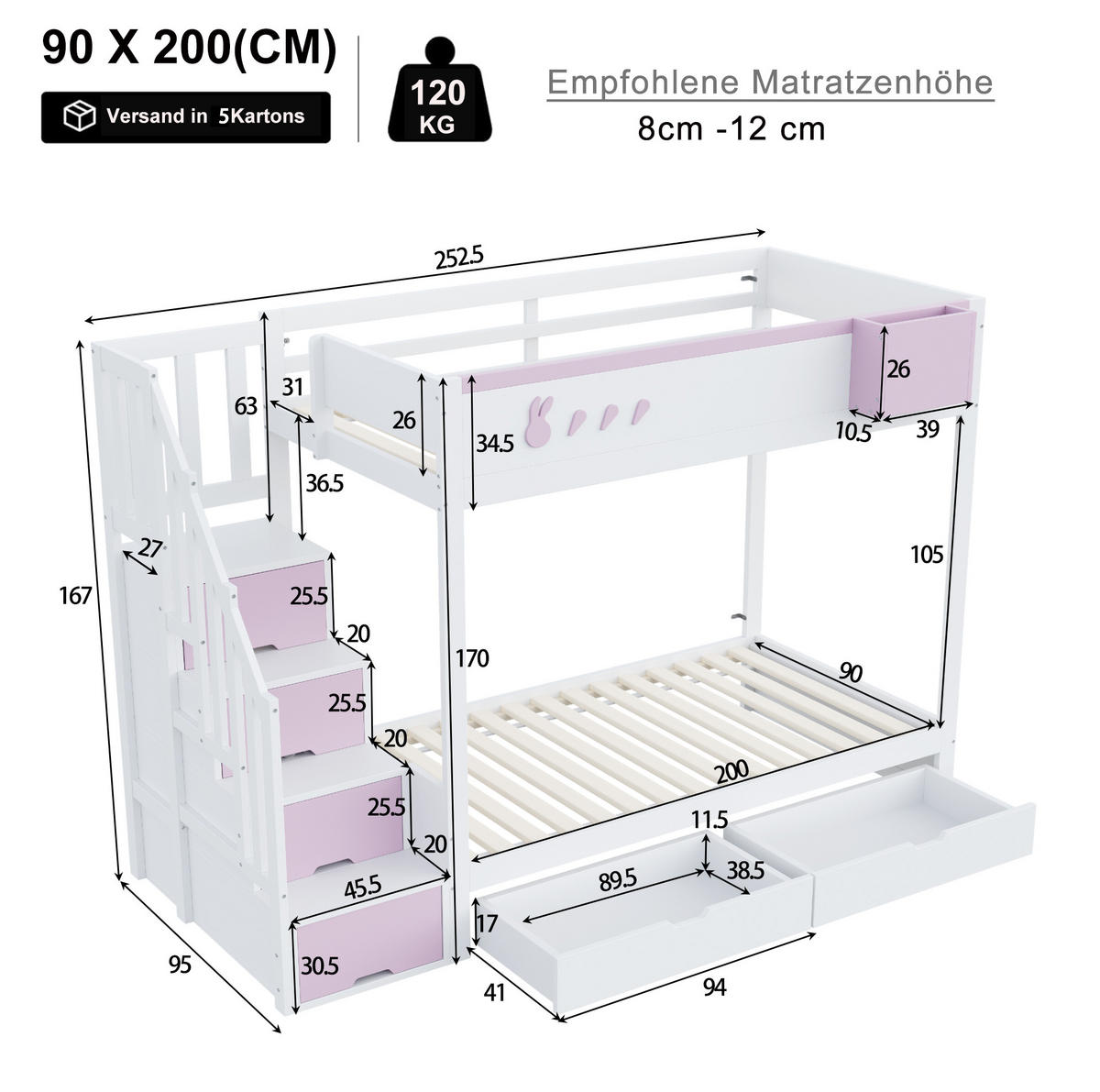 ETAGENBETT 90/200 cm mit Stauraumleiter, Schubladen und abnehmbarem Ablagefach, Weiß/Rosa - Weiß, Holzwerkstoff (90/200cm) - Redom