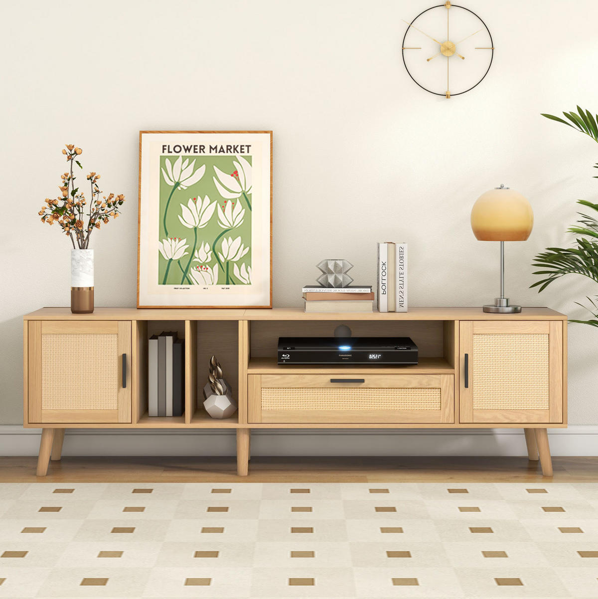 TV-ELEMENT mit Rattan-Dekor 180 cm Holzoptik mit 2 Türen und 1 Schublade - Braun, Holzwerkstoff (40/54/180cm) - Beauniv