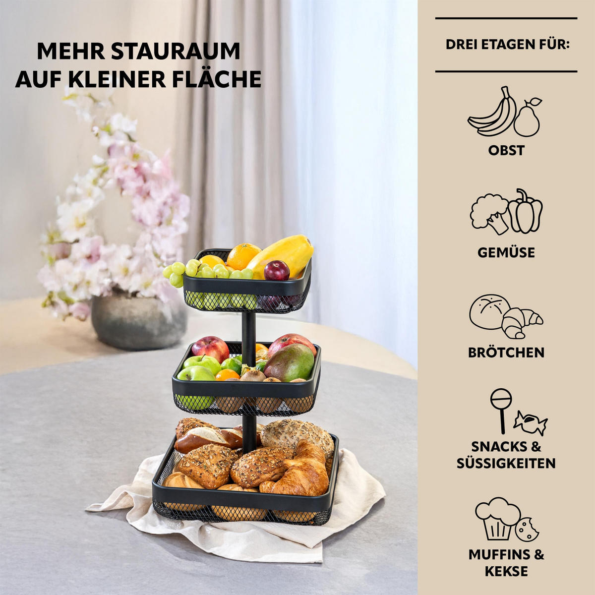 OBSTETAGERE 3-STÖCKIG eckig Metall schwarz - Schwarz, Metall (30/42cm) - eluno