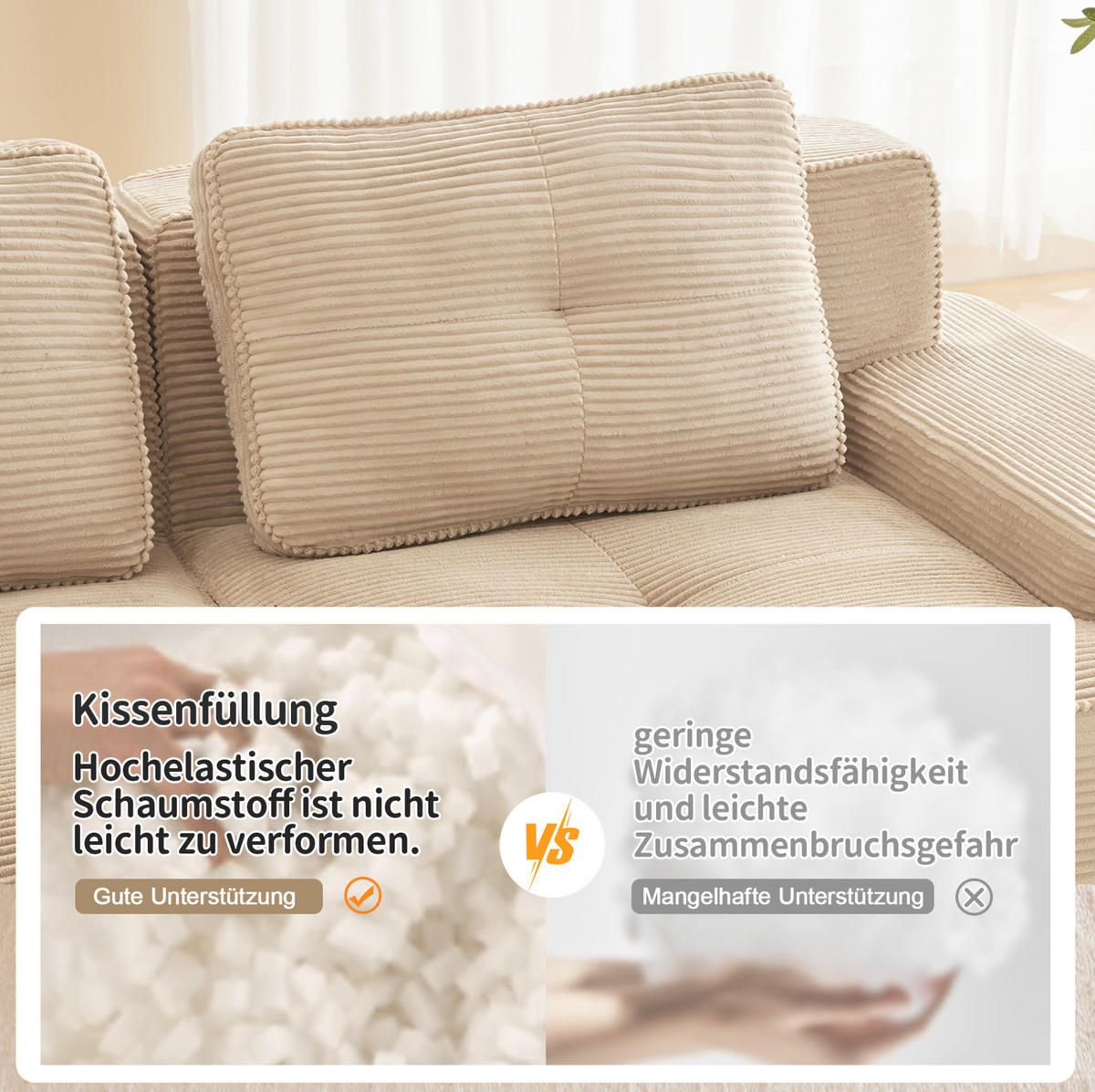 MODULARES Sofa aus Cord in Beige 293x177x69 cm mit 74 cm Sitztiefe und flexibler Anordnung - Beige, Textil (177/69/293cm) - IVMEU
