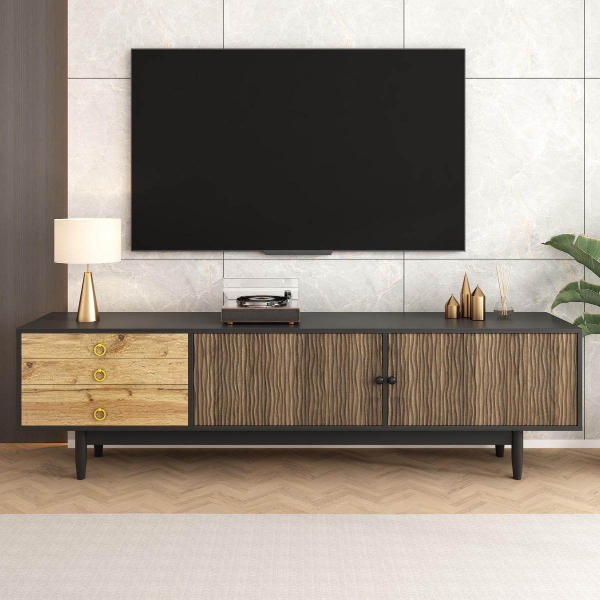TV-LOWBOARD aus MDF und Spanplatte 180x38x50 cm Schwarz/Natur mit 2 Türen, 3 Schubladen und Wellenmuster - Schwarz, Holzwerkstoff (180/38/50cm) - Modfu