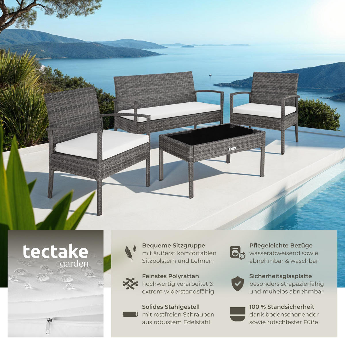RATTAN SITZGRUPPE Sparta,schlanke Gestelle,grau - Grau, Kunststoff - tectake