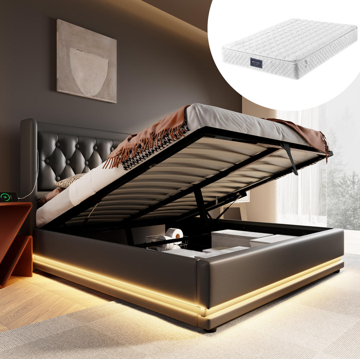 POLSTERBETT 140/200 cm mit USB-C, Matratze, LED und hydraulischem Bettkasten, PU, Schwarz - Schwarz, Kunststoff (140/200cm) - Redom