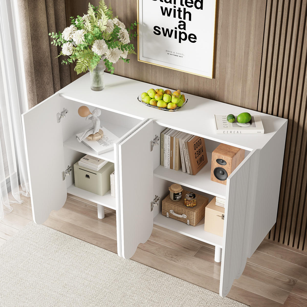 SIDEBOARD 4-türig aus weißem MDF mit geschnitzten Tropfenfronten, gedämpfte Scharniere, 120/37,5/80,8 cm, Weiß - Weiß, Holzwerkstoff (120/37.5/80.8cm) - Redom
