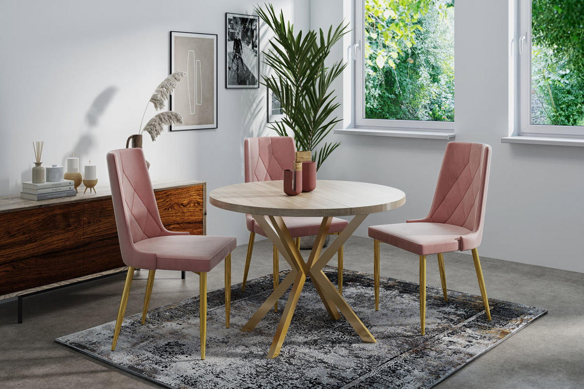 ESSTISCH Flora runder ausziehbarer, Sonoma Eiche 120-200/120/76 cm - Goldfarben/Braun, Holzwerkstoff/Metall (120/200/76cm) - WFL GROUP
