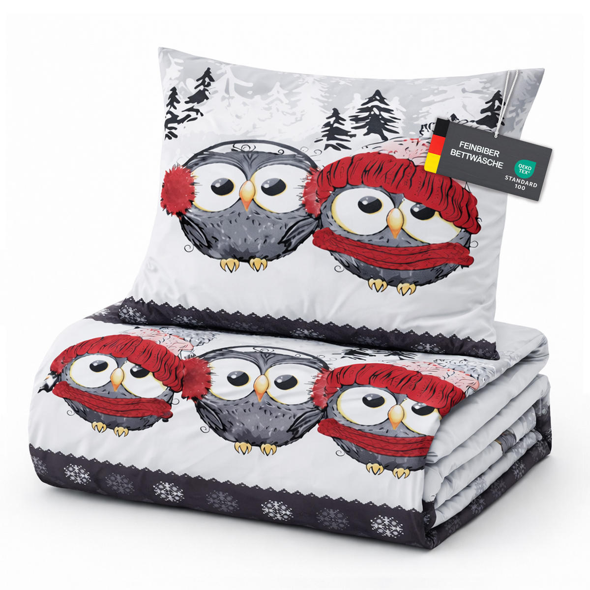 BETTWÄSCHE Feinbiber Herbst/Winter 135/200 cm Grau (Eule) - Rot/Grau, Textil (135/200cm) - Bestlivings