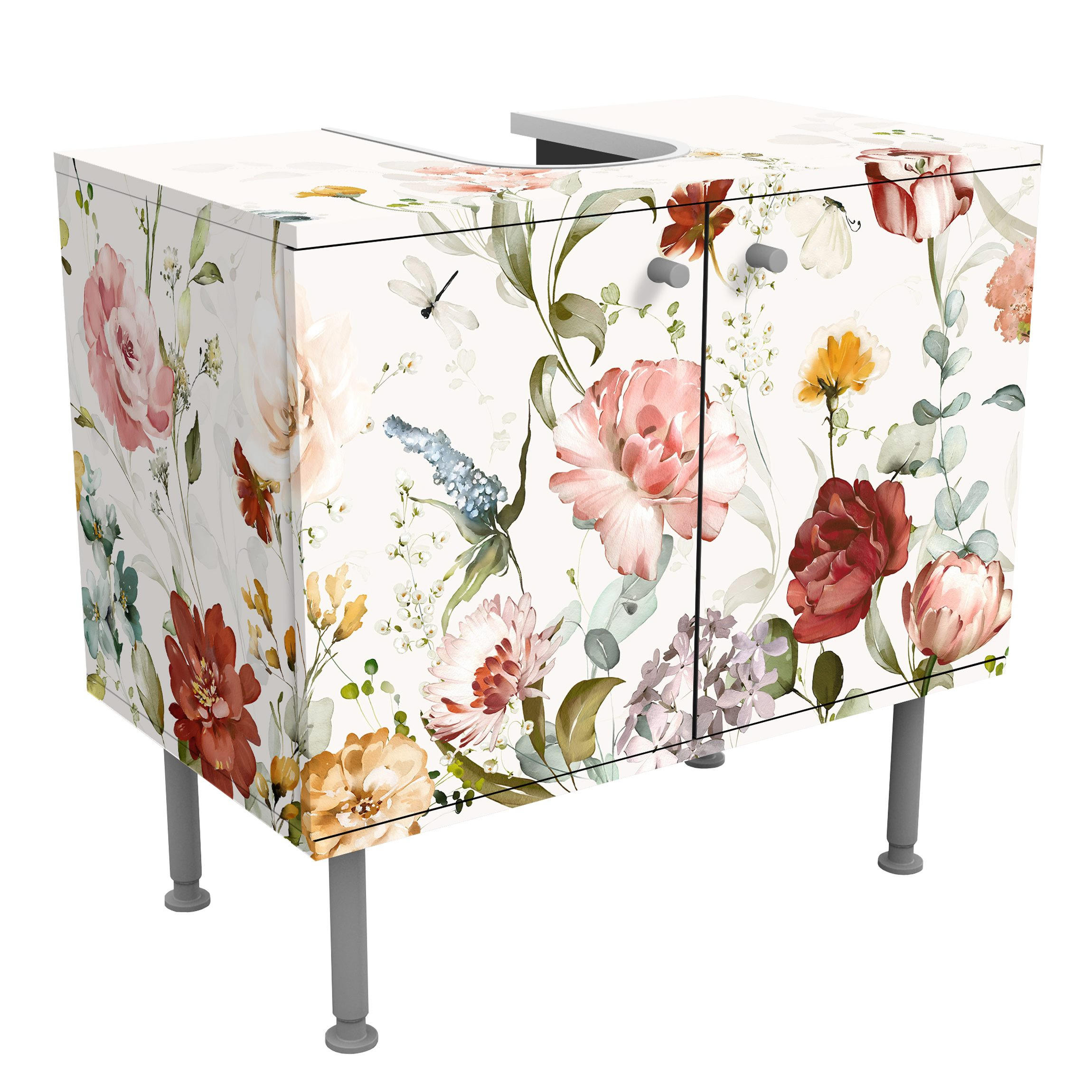 WASCHBECKENUNTERSCHRANK Rankende Blumen Aquarell 60/55/35 cm - Pastellblau, Holzwerkstoff (60/55/35cm) - Bilderwelten