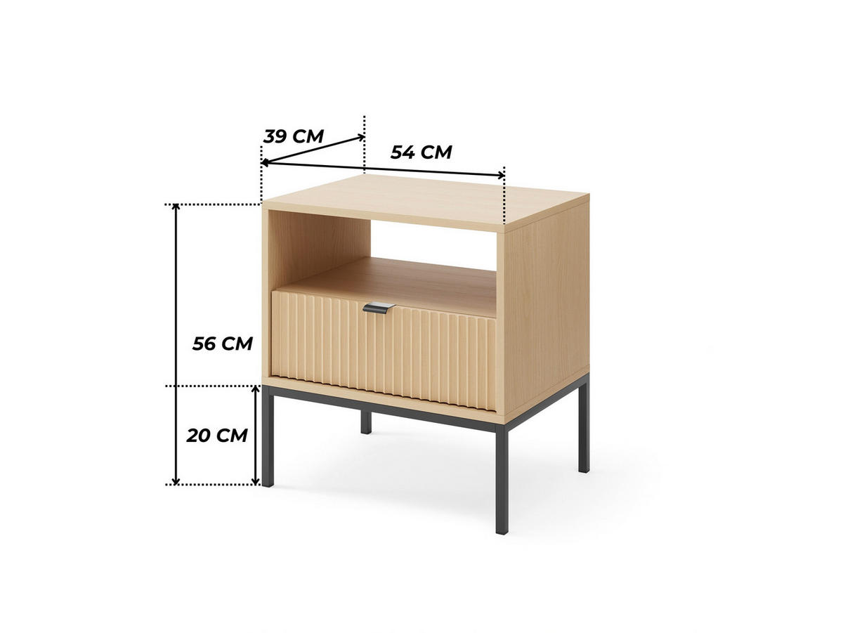 MODERNES Geriffelter Nachttisch KIOTO SN1SZ (Eiche Vicenza, Schwarzes Gestell, Vollauszug) - Eichefarben/Schwarz, Holz/Holzwerkstoff (54/56/39cm) - Ravio