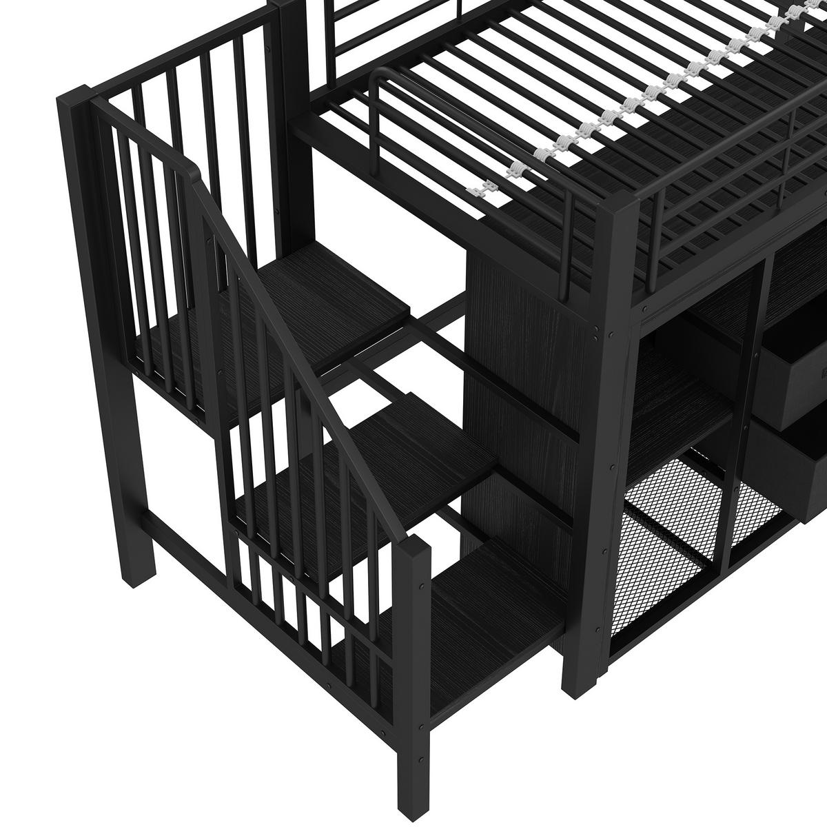 HALBHOHES BETT 90x200cm Schwarz 2 Schubladen Kleiderschrank LED-Licht - Schwarz, Metall (90/200cm) - FLIEKS